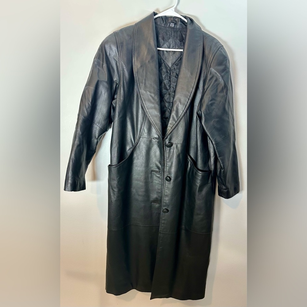 Vintage Jacqueline Ferrar Black Leather Jacket Trench Coat 80s 90s size Medium